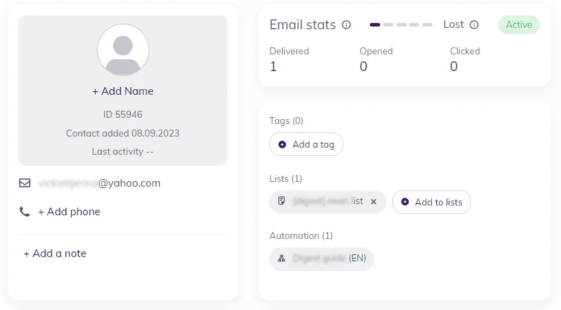 CRM with email marketing vs. traditional email marketing If your email marketing software offers a native or integrated CRM system, you can use it for better email personalization and automation. Can you still send personalized messages with an ESP alone? Sort of — but your opportunities are limited. The available customer data in your email marketing software mostly depends on which fields you include in the sign-up form. Some forms require an email address alone, others will ask future subscribers for a country of residence, gender, zip code, job position, birth date, and more. The data you collect this way will be stored with your contact list and you can use it for segmented and personalized campaigns. For example, you can send location-based suggestions or birthday emails. But do ESPs store any customer data by default? Yes but not much. Let’s take a look at a baseline contact information card in Selzy — it looks like this: