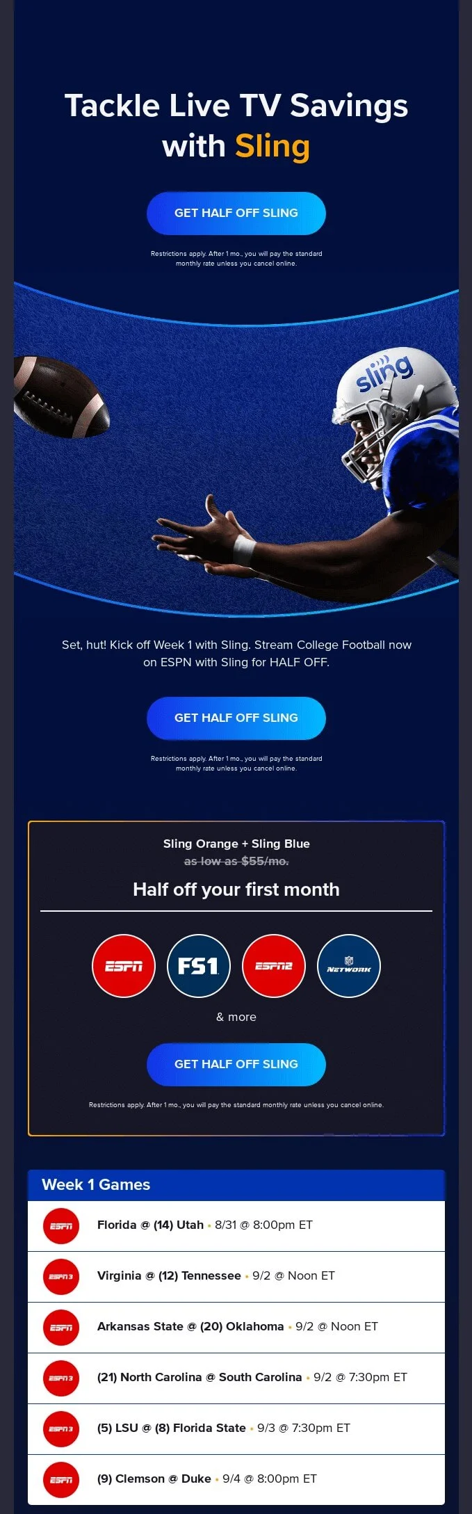 The newsletter shows a football player catching the ball. It contains a special offer and the schedule for Week 1 games.