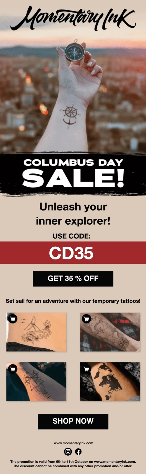 The newsletter promotes a 35% promo code for Columbus Day and offers 4 temporary tattoos exploring the theme of travel and discovery