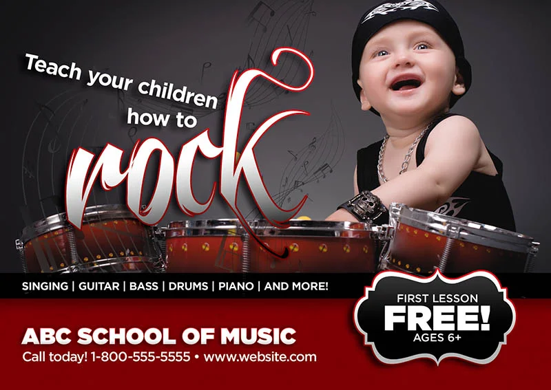 An example of a print postcard template for a music school featuring a creative design idea (a young child in rock attire playing drums)