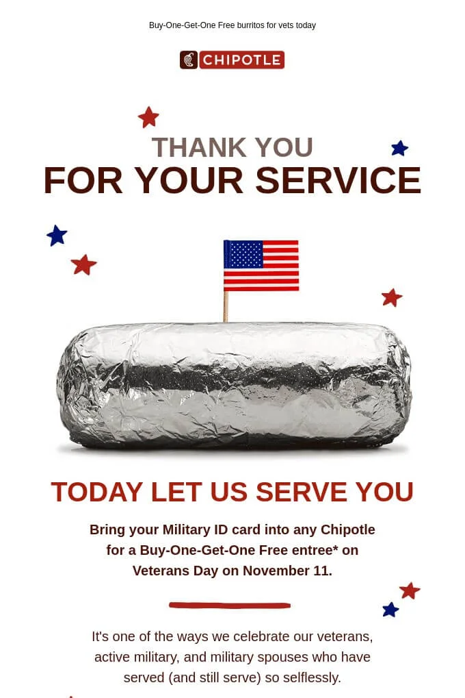 The newsletter contains a special offer for veterans in Chipotle restaurants on Veterans day. The picture shows a piece of meat covered with foil with a small USA flag on a toothpick.