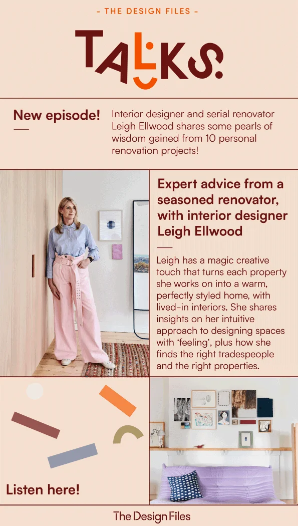 The Design Files align their newsletter's color scheme with episode photos, include summaries, and prominently highlight the CTA to listen to the latest episode.