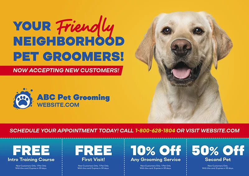 An example of a print postcard template for a grooming salon with a creative copy idea (a reference to a catchphrase from Spider-Man)