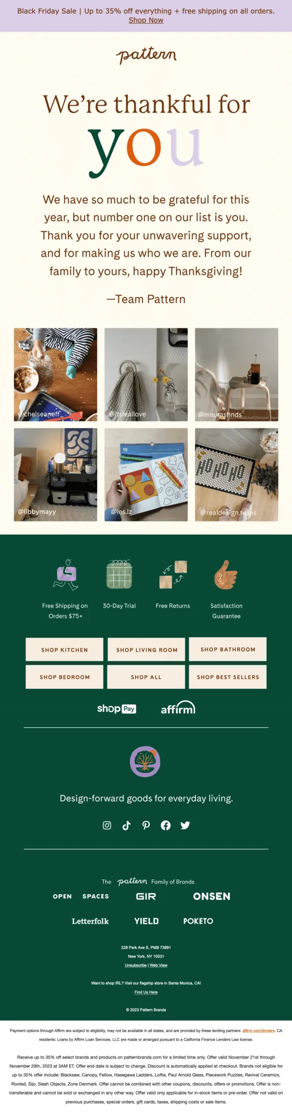 A Thanksgiving email from Pattern with the heading “We’re thankful for you” and a heartfelt message to the brand’s customers along with a selection of social media users’ photos of the brand’s products