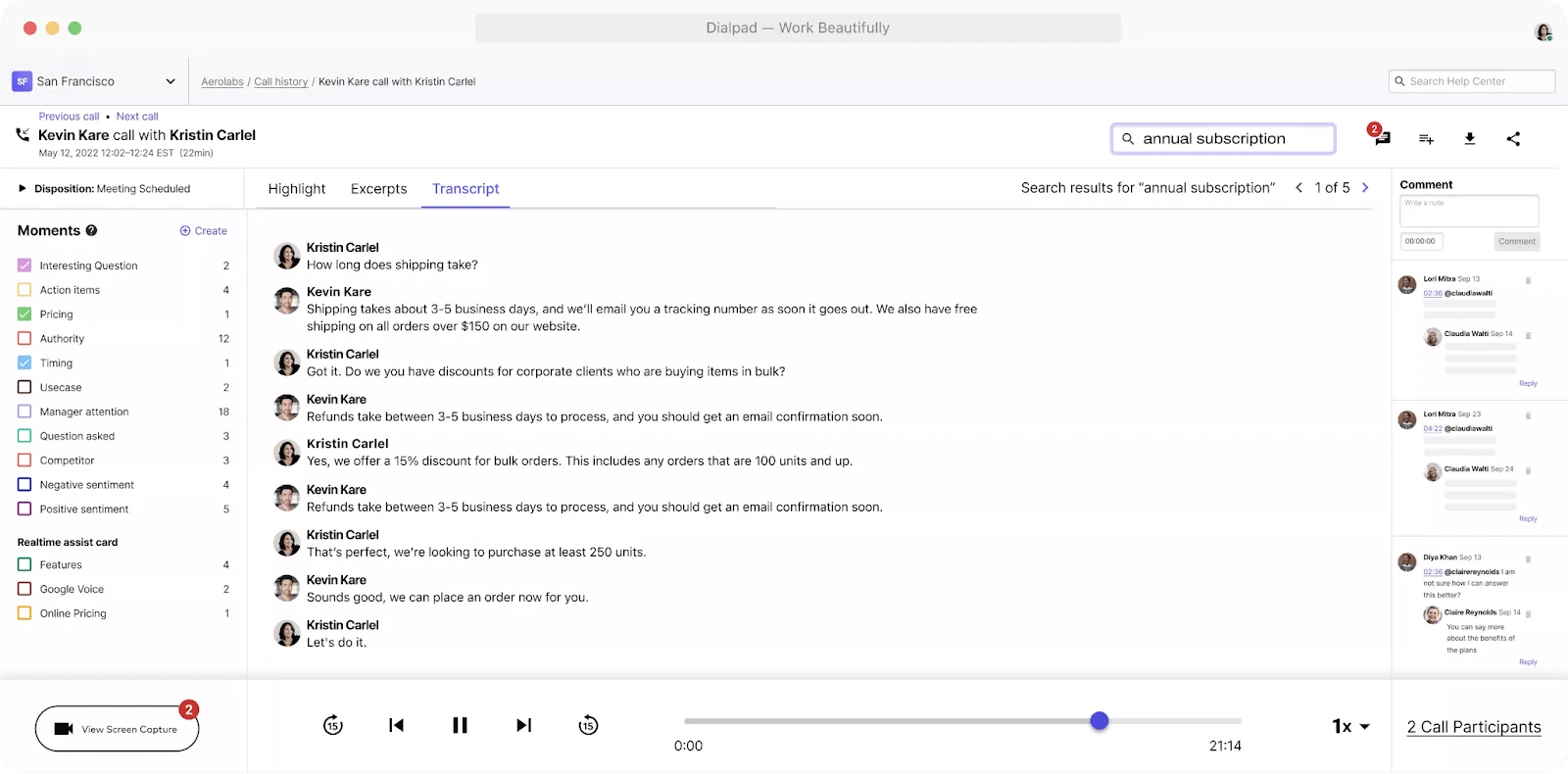 The UI of Dialpad software highlights features that enable live question-and-answer interactions during podcast live streaming.