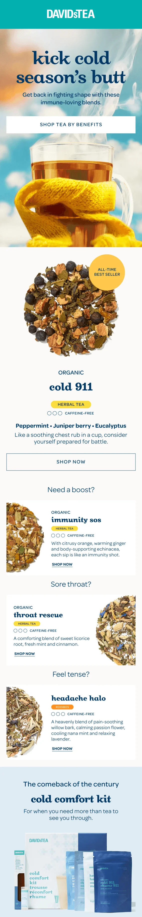 An email from DAVIDsTea with the heading “kick cold season’s butt” promoting several tea blends for the season and a cold comfort kit with several products included in the bundle