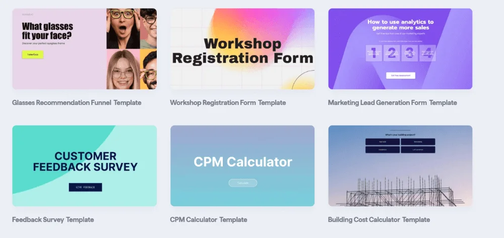 Involve.me templates screenshot that includes Glasses Recommendation Funnel template, Workshop Registration Form template, and others