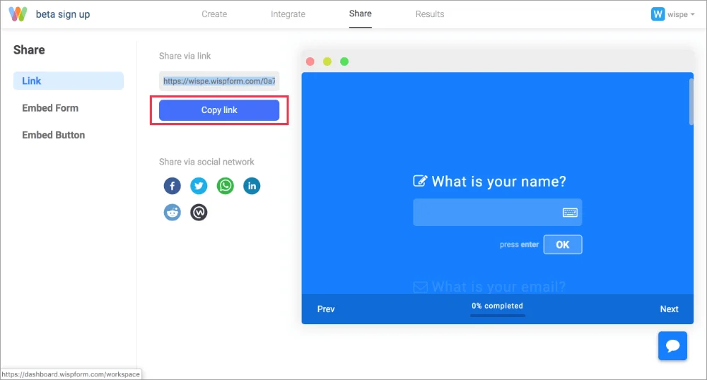 Wispform screenshot with sharing options, one of which includes copying a unique link to the quiz