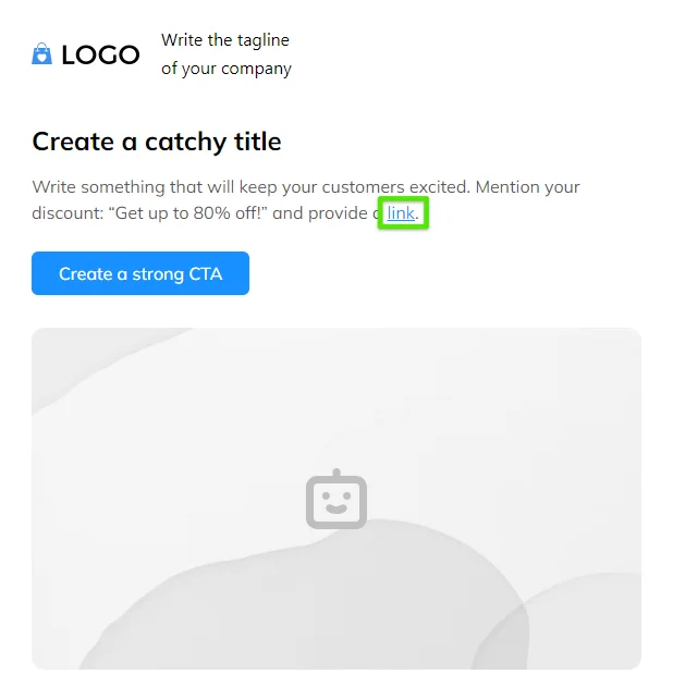 Selzy’s email builder with the word link highlighted