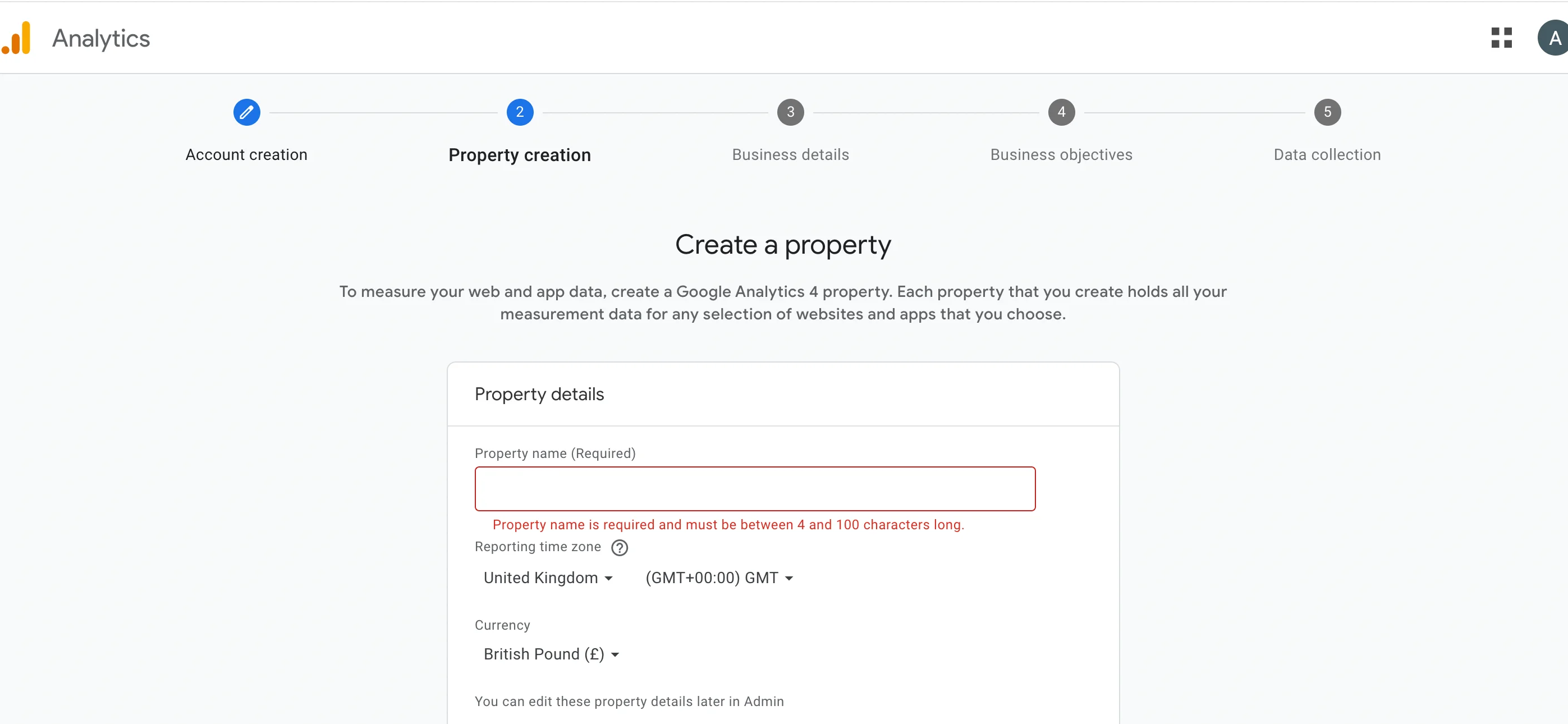 Creating a property on Google Analytics