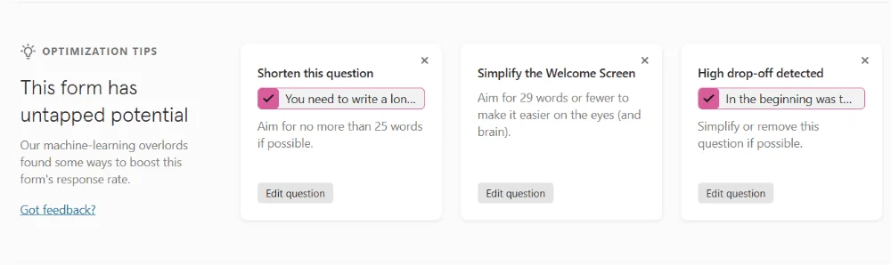 Typeform optimization tips screenshot that includes tips like simplifying the welcome screen, shortening questions, and even removing certain questions with a high drop-off rate
