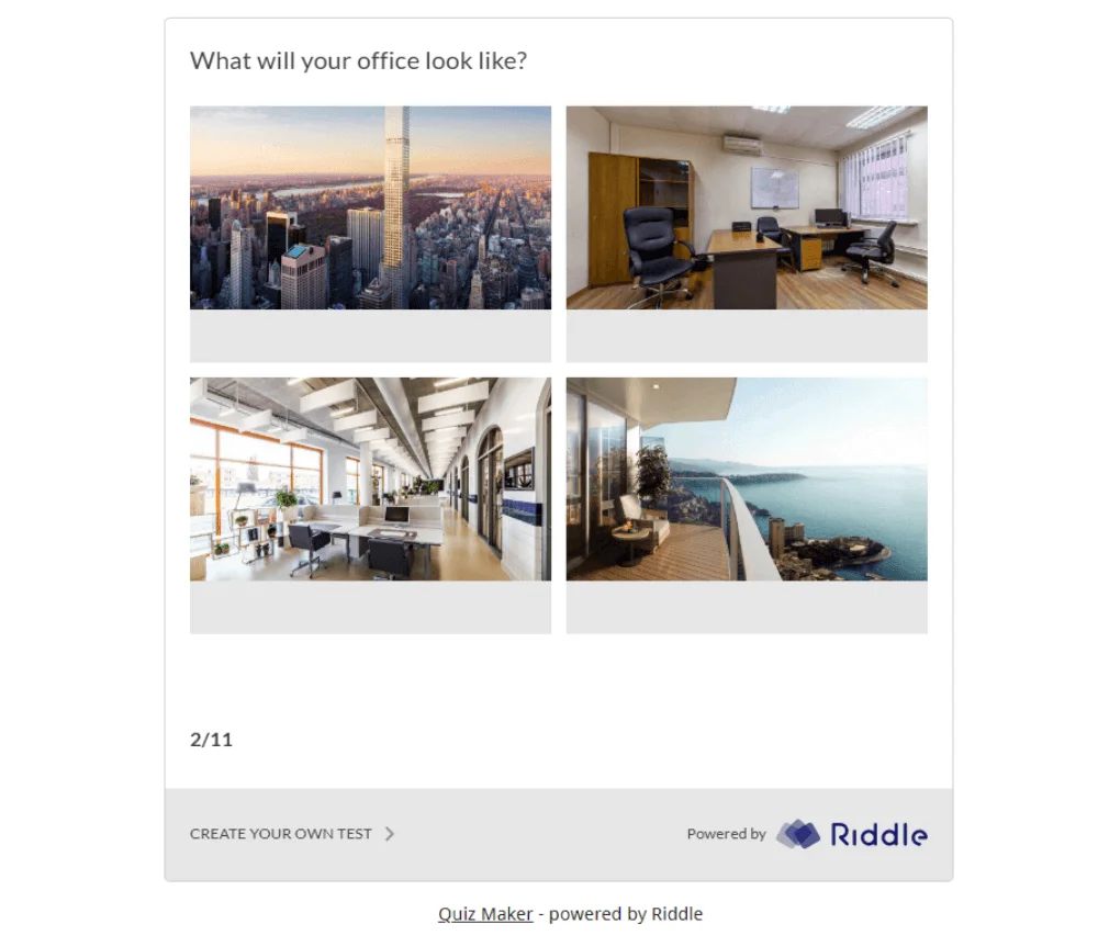 A screenshot of a Riddle quiz showcasing a picture choice question with a simple and minimalist design that uses a white background and grey picture blocks