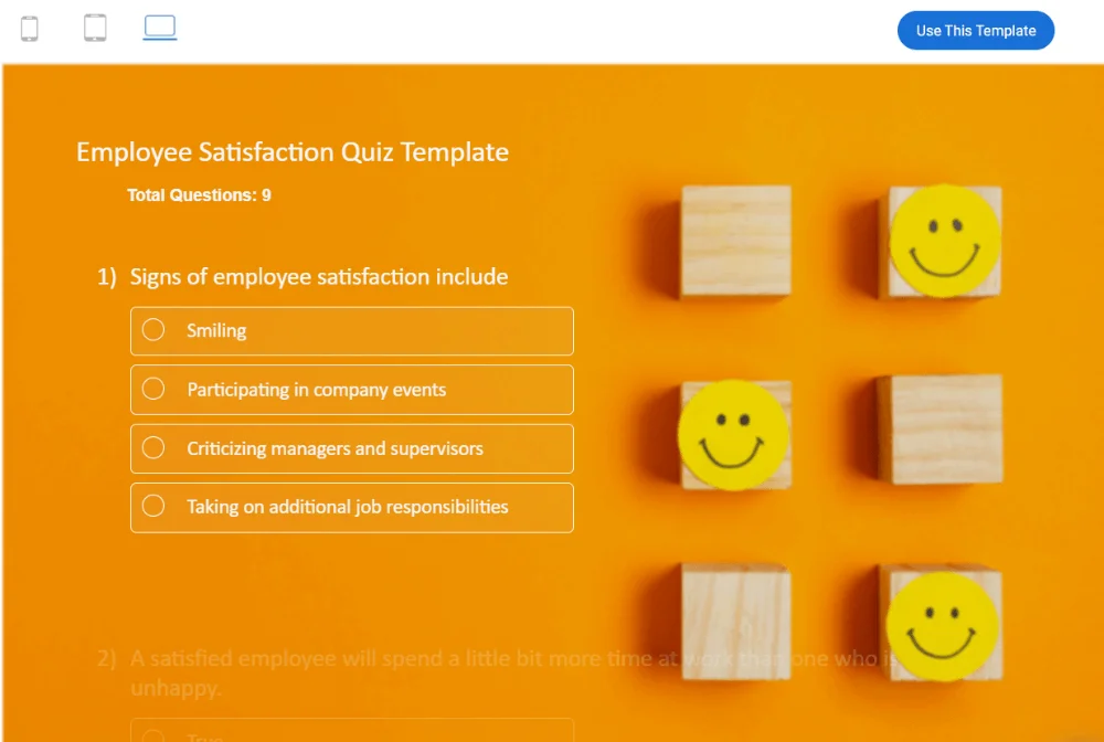 A preview of the employee satisfaction quiz template, the first question asks about the signs of employee satisfaction