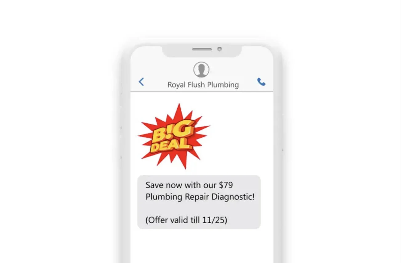 A promotional SMS from a plumbing company with a discount code