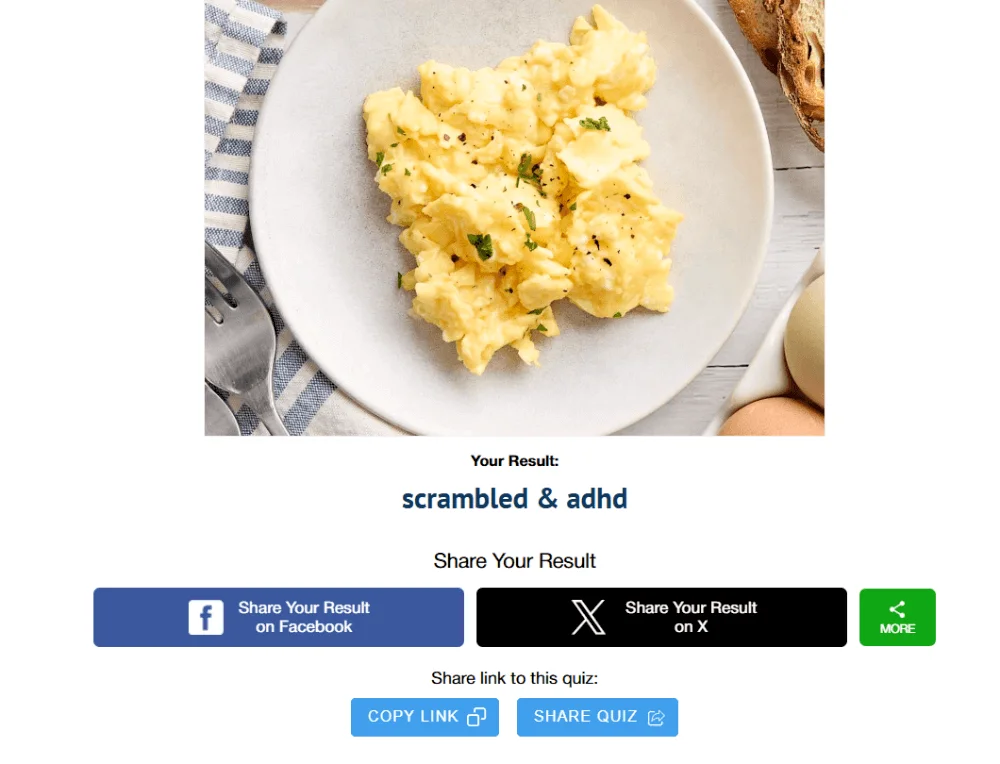 A uQuiz screenshot showing the results of the quiz called “What type of egg and mental disorder are you based on your answers to these random questions”