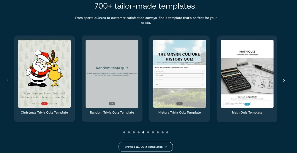 Paperform screenshot showcasing trivia and math quiz templates