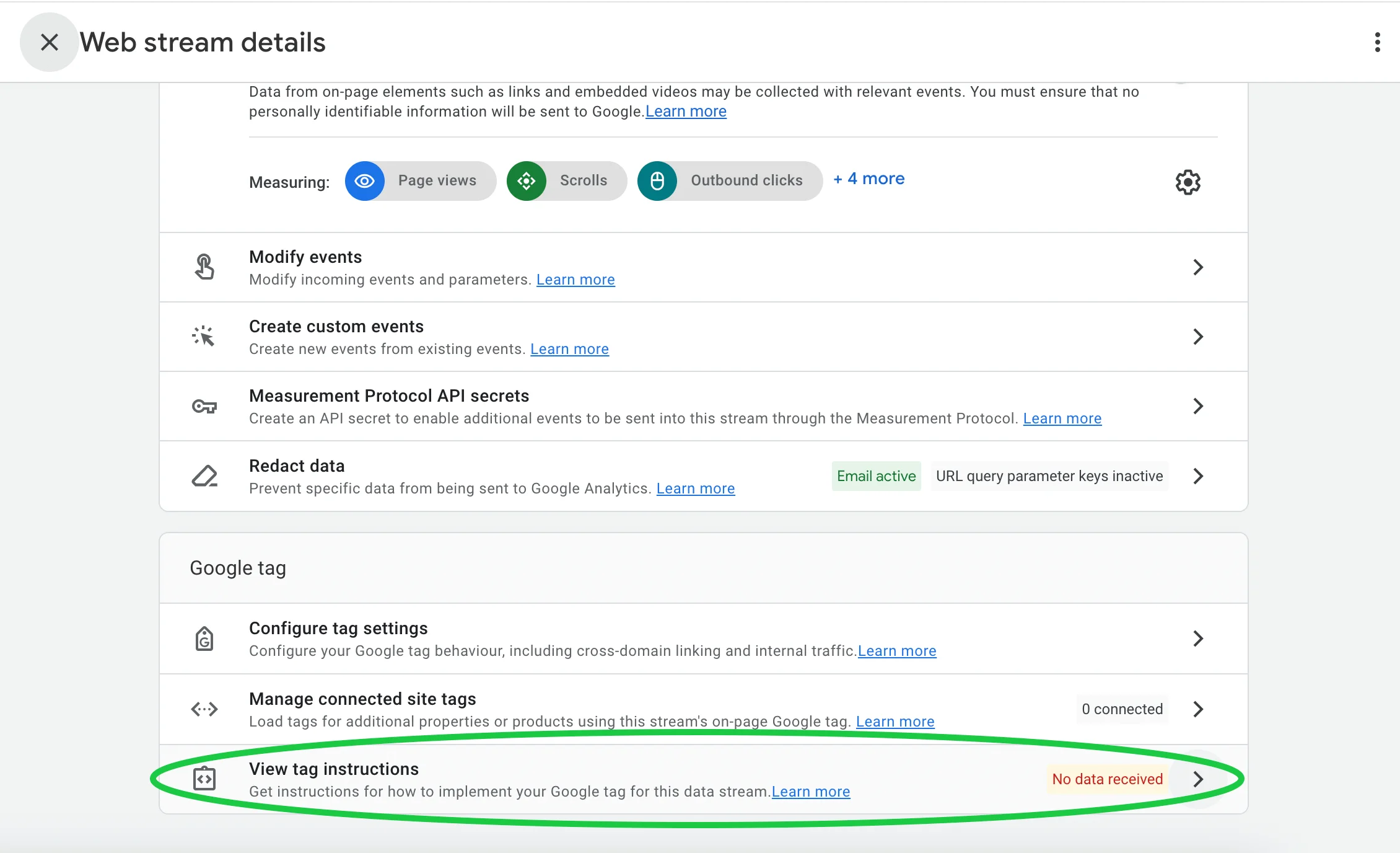 Google Analytics web stream details