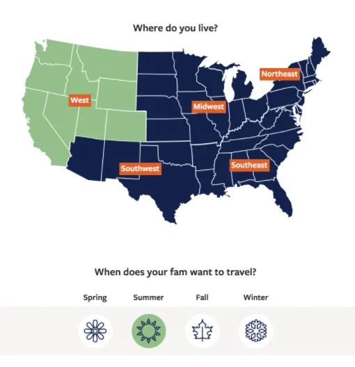 A vacation directions quiz made in Wyng where you can choose a region in the US (West, Midwest, etc.) and the season of the year when you want to travel