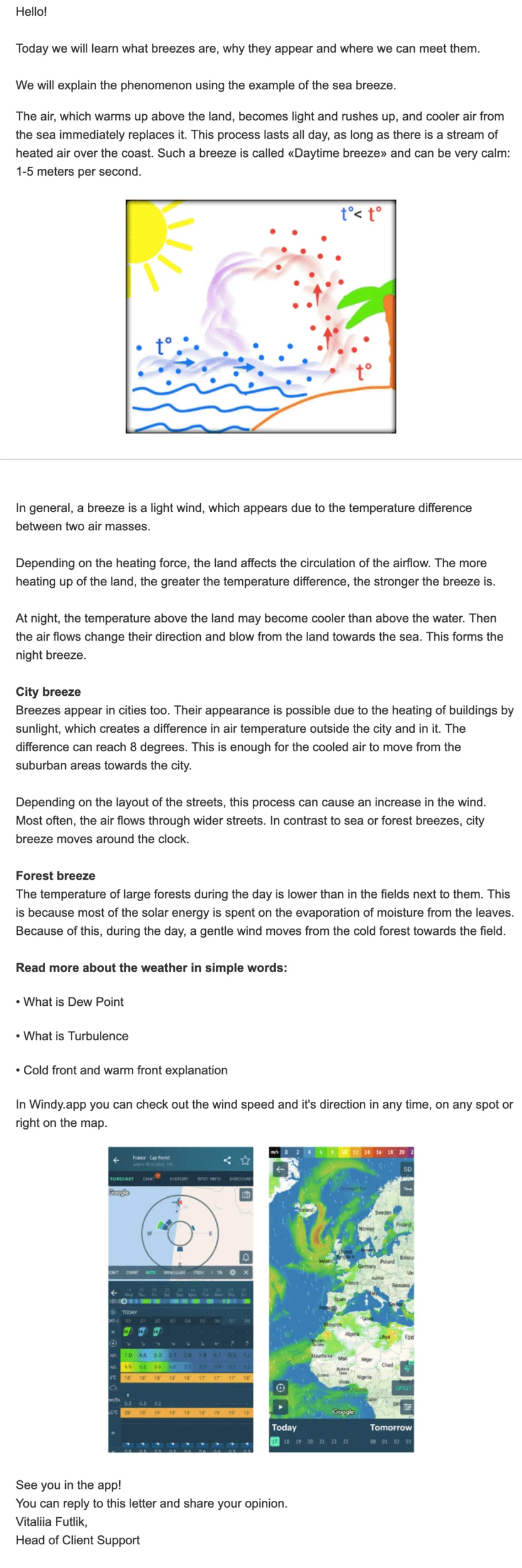 The email contains an article on how breeze works and why it appears. A sketch shows the sun warming the air flows.
