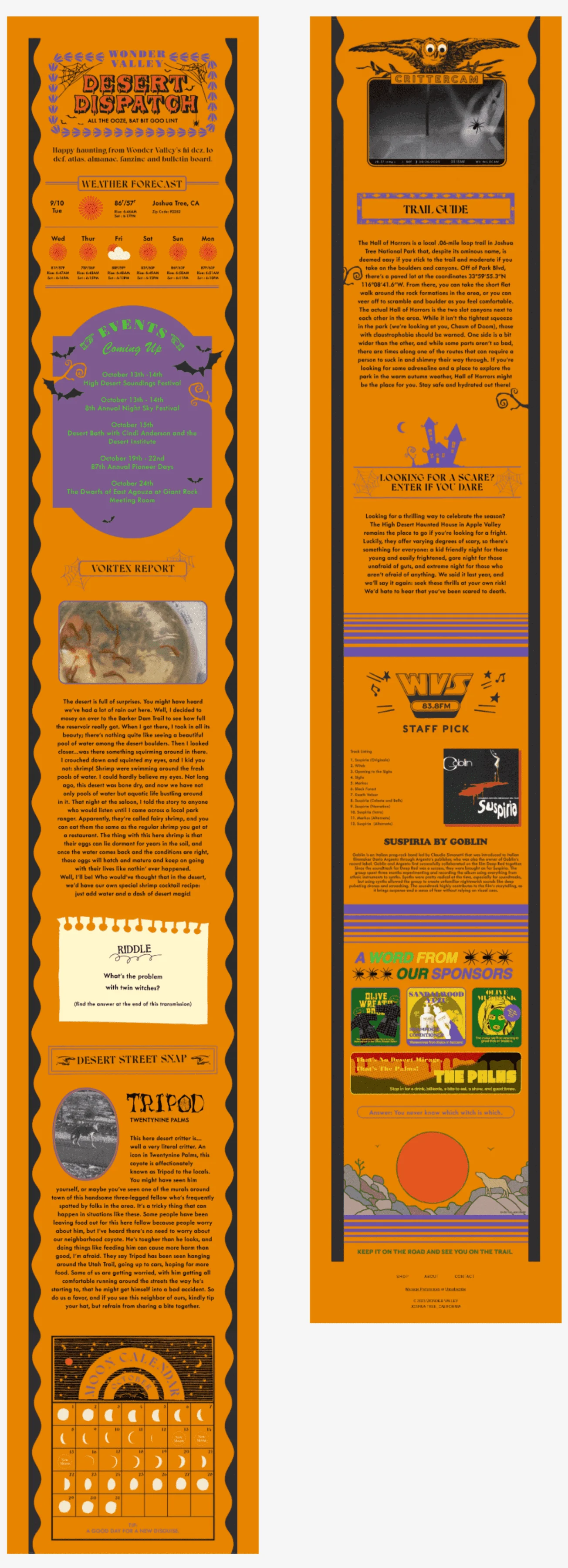 A Wonder Valley digest email that includes a weather forecast, coming events, a moon calendar, and nature observations