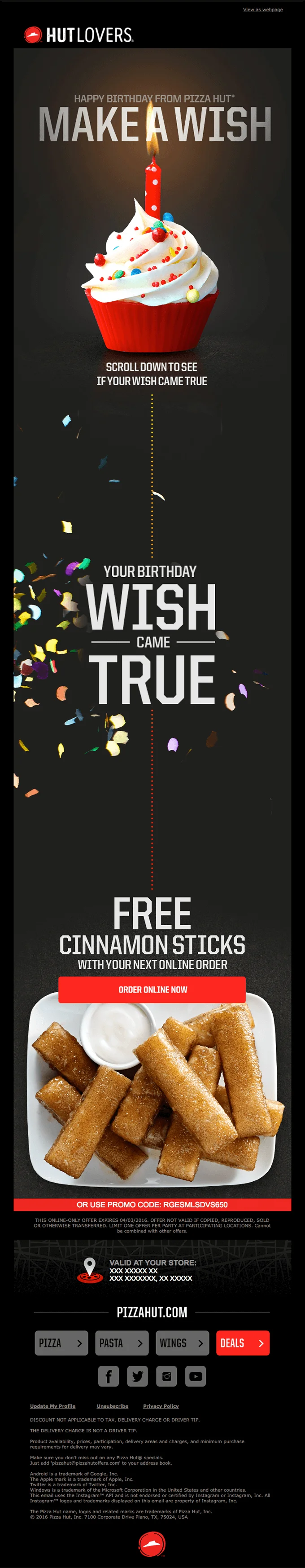 Birthday email from Pizza Hut offering free cinnamon sticks with the next order