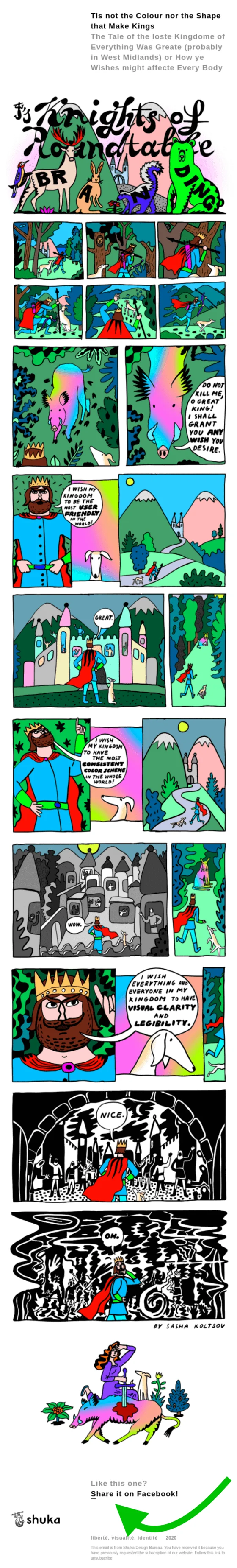An email with a comic and a CTA encouraging readers to share it on Facebook