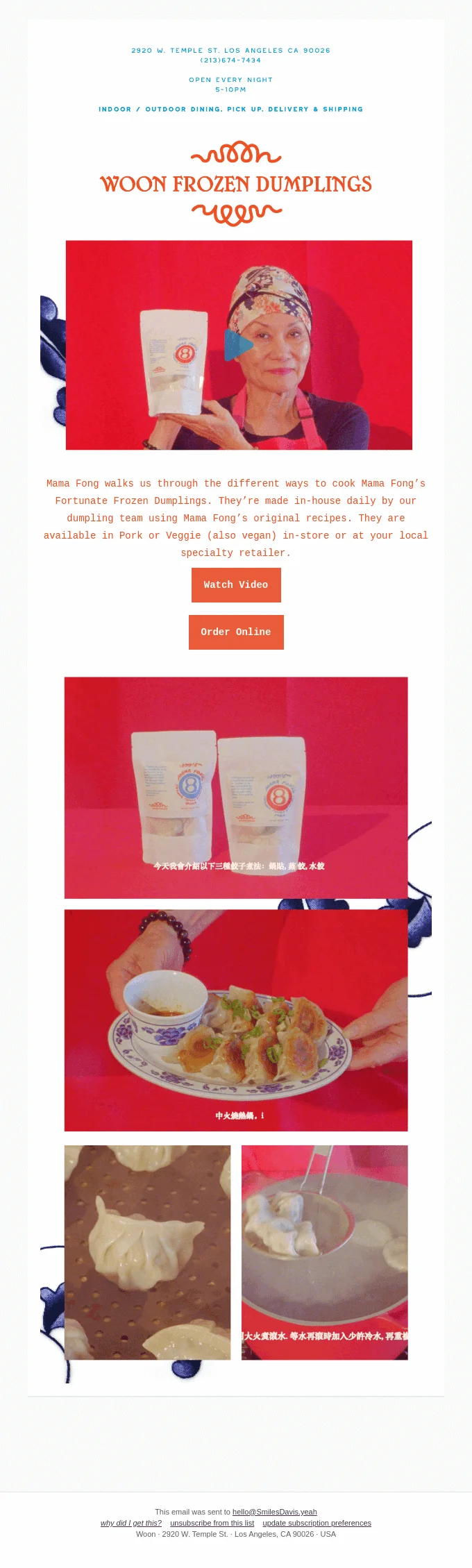 An email with a dumplings recipe video and photos showing the preparation process, product packaging, and the recipe’s author — Mama Fong