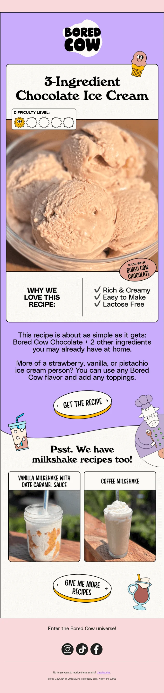 An email with a link to the animal-free ice cream recipe and a big photo of a bowl with ice cream