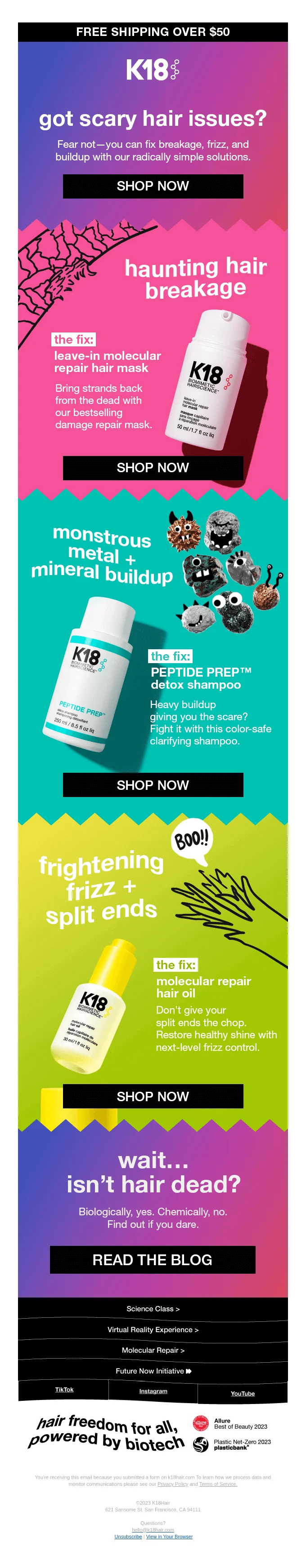 An email with the brand’s product recommendations to solve scary hair issues like haunting hair breakage and frightening frizz and split ends