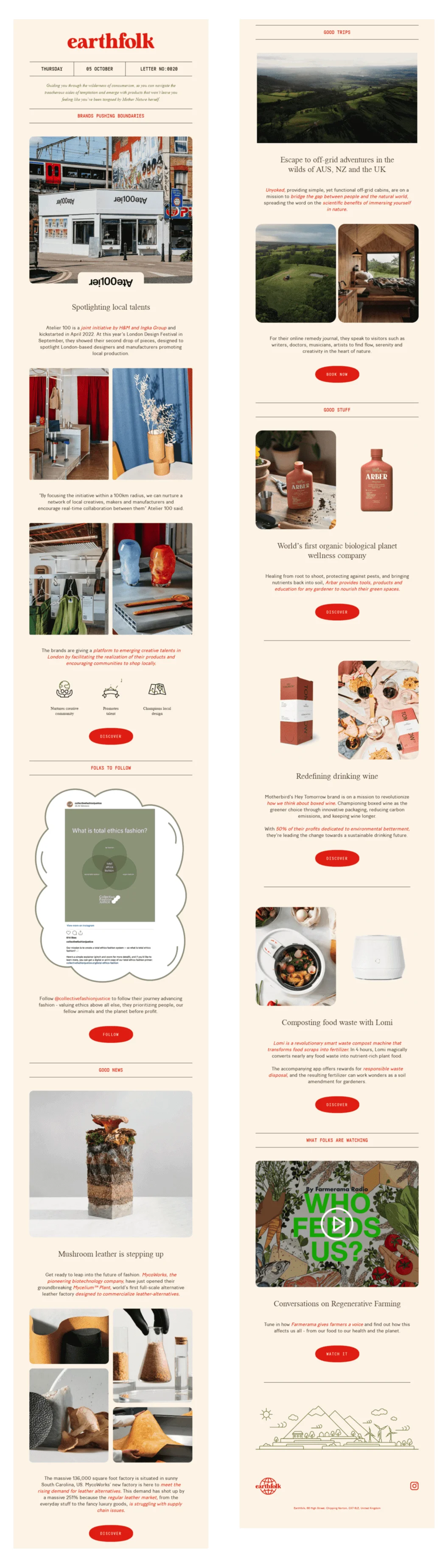 An email with brands and companies to follow and shop from and innovations that make the world better and the consumption more sustainable and ecological