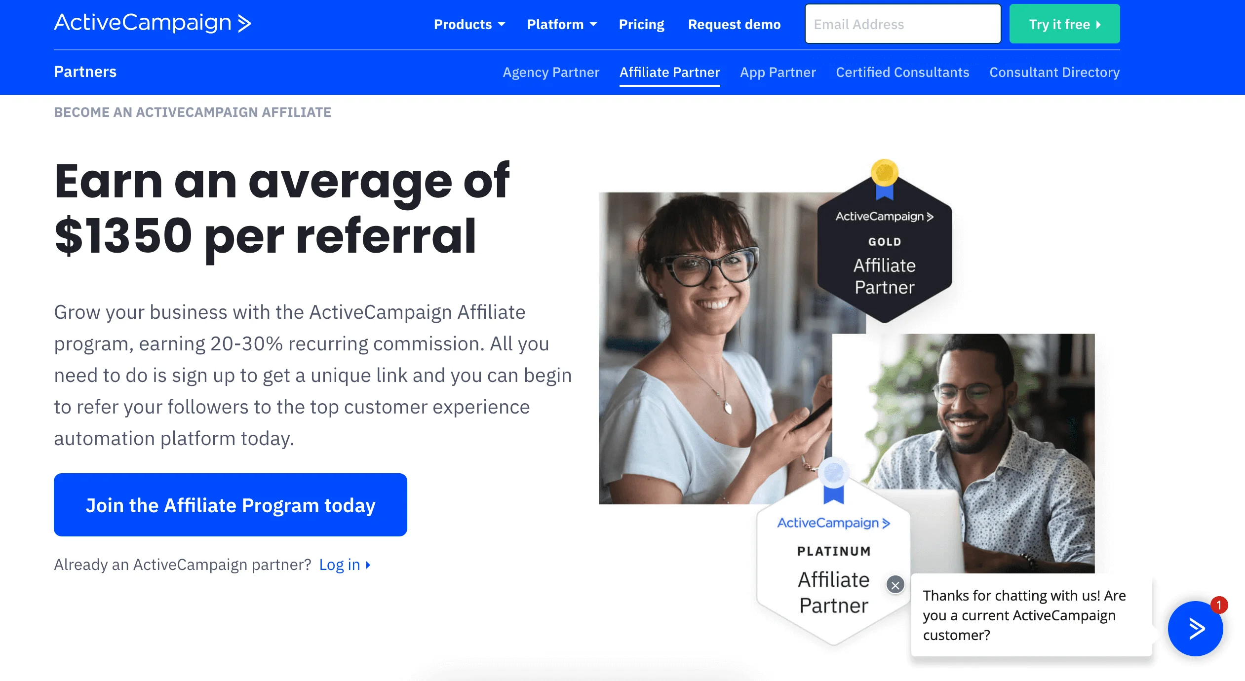 ActiveCampaign affiliate program page promoting 20-30% recurring commissions