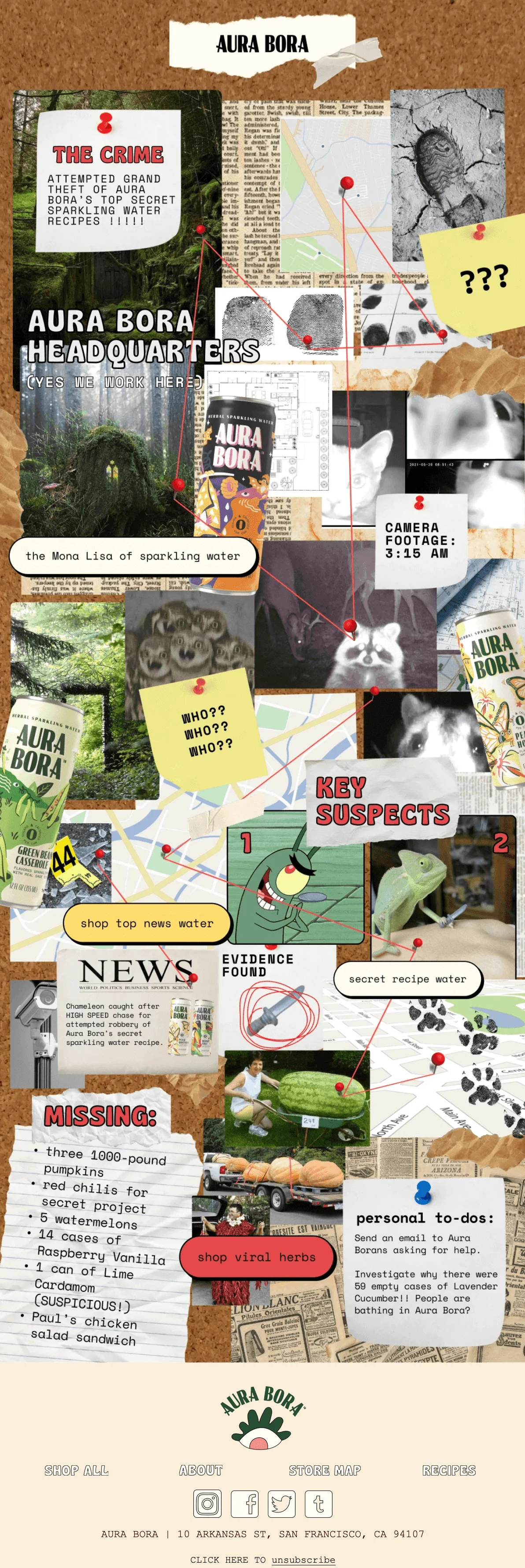 An Aura Bora email imitating a corkboard with clues and red strings connecting them. The clues include photos, sticky notes with texts, key suspects, personal to-dos, and three buttons leading to the company’s website.