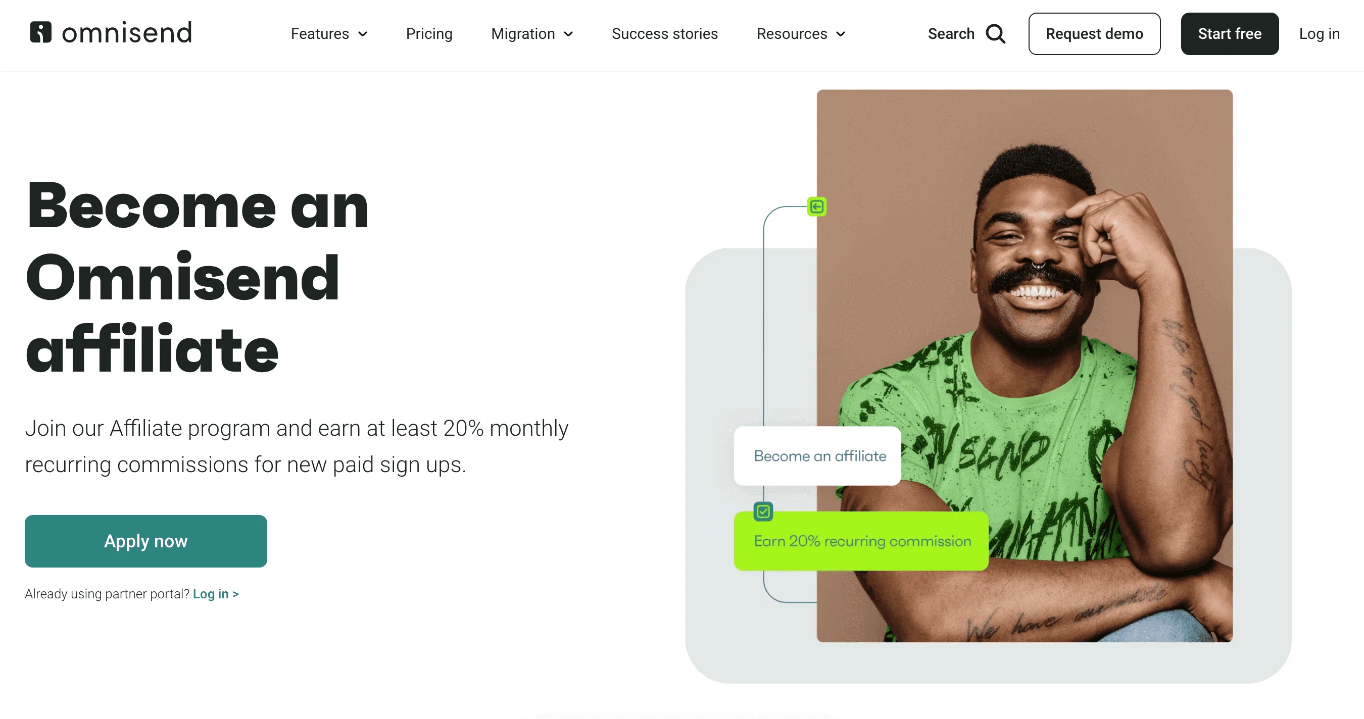 Omnisend affiliate program page promoting at least 20% monthly recurring commissions