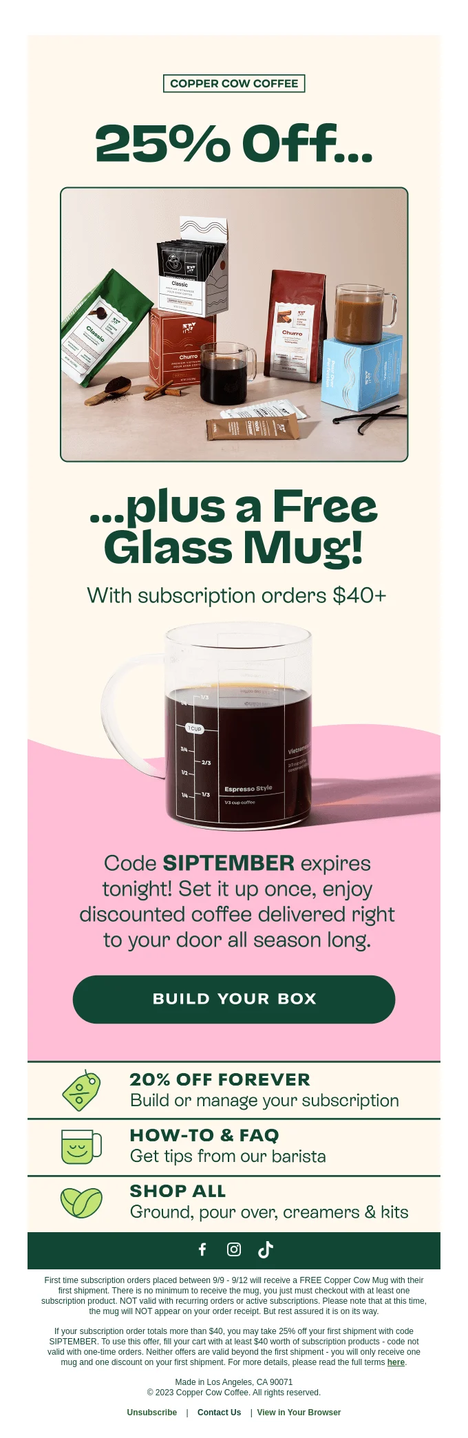 Promotional email from Copper Cow Coffee that offers a limited-time promo code for 25% off