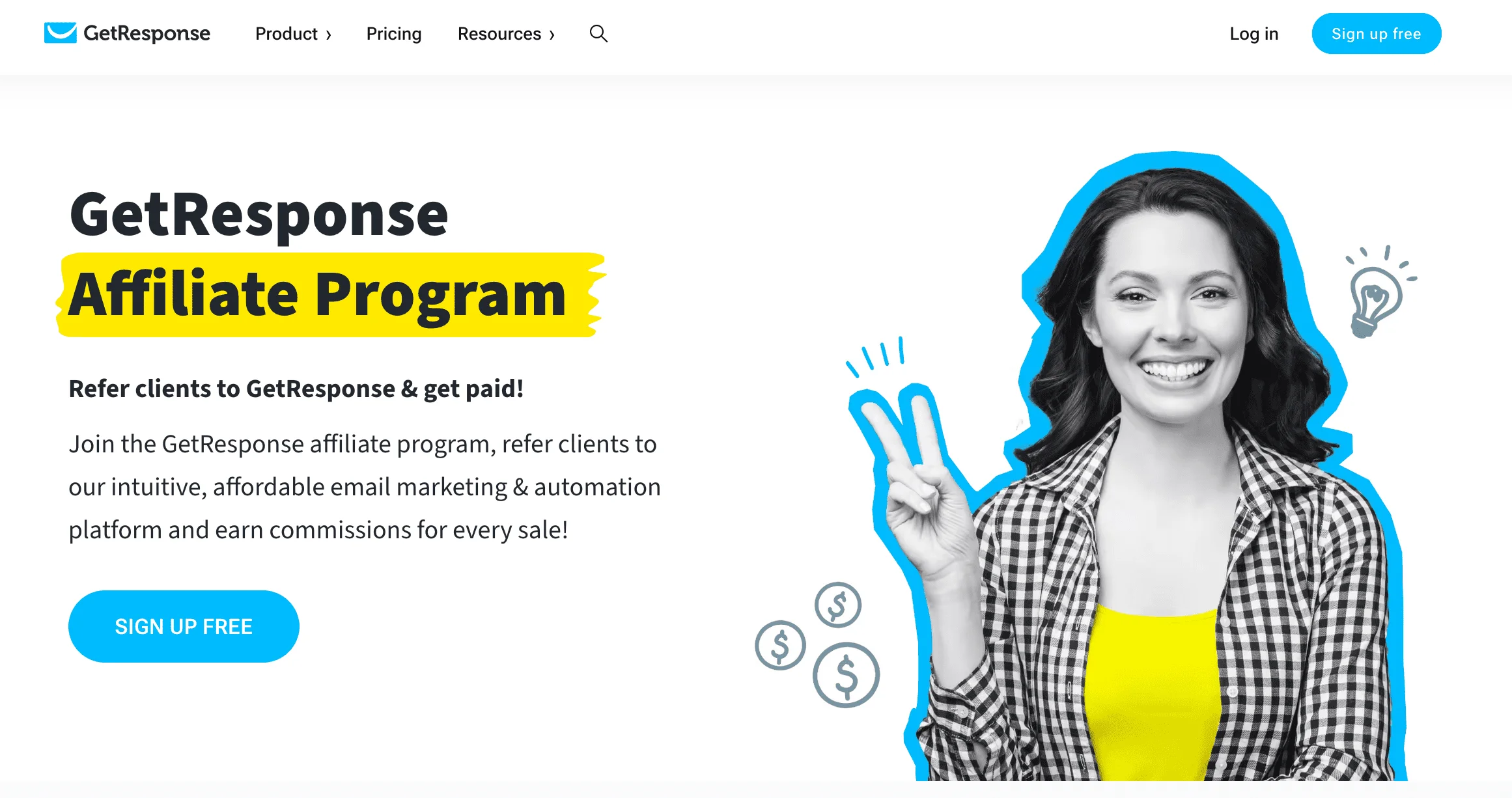 GetResponse affiliate program page with a photo of a smiling woman