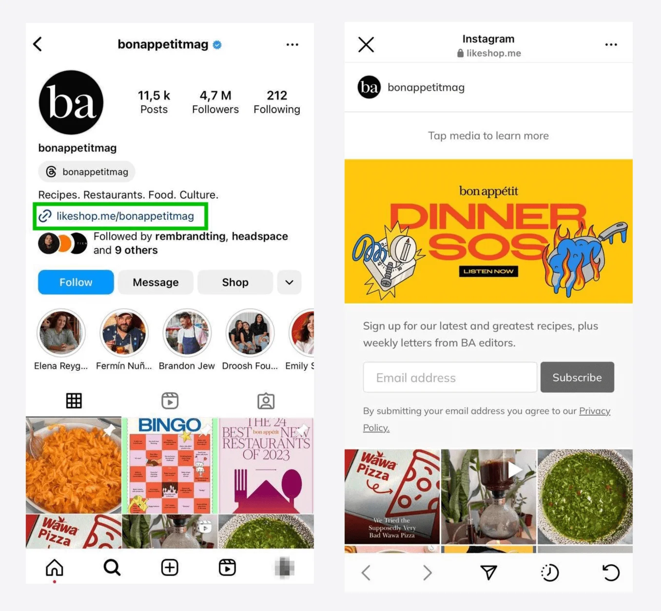 There’s a link in bio that leads to the page with a newsletter subscription form.