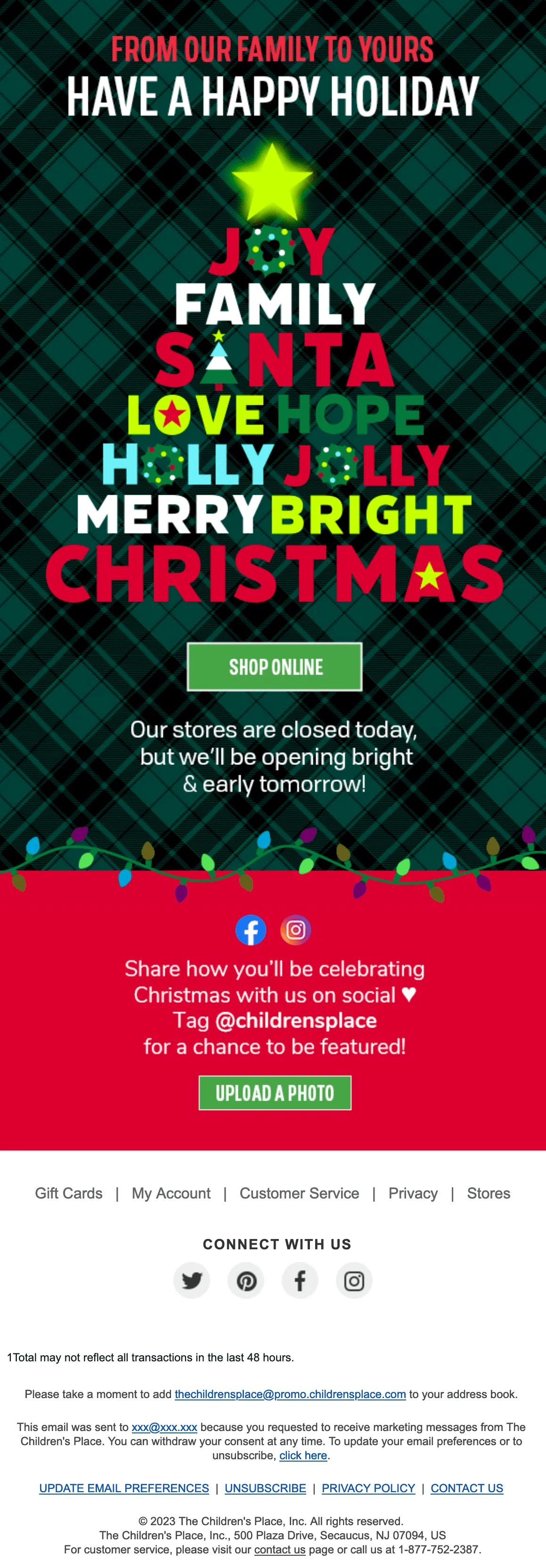 An email with words like “joy, family, love”, etc. forming a Christmas tree and the banner text saying “From our family to yours, have a happy holiday”