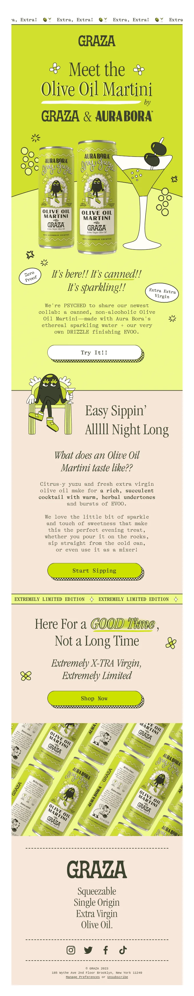An email promoting the Olive Oil Martini — a collaboration drink from GRAZA and Aura Bora