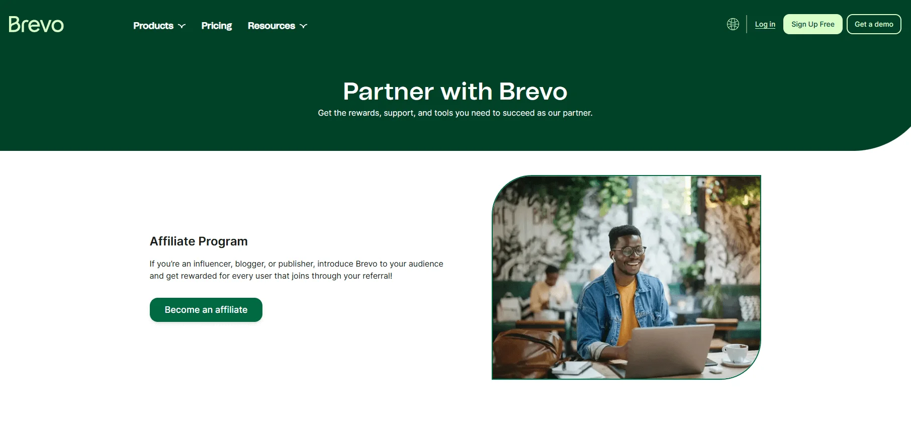 Brevo affiliate program page promoting rewards, support, and tools for the partners
