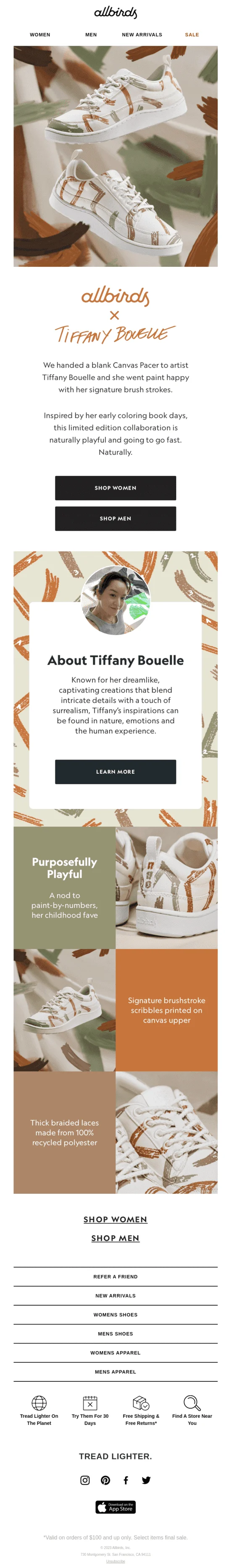 An email promoting the Allbirds collaboration with an artist Tiffany Bouelle and showcasing the limited edition footwear