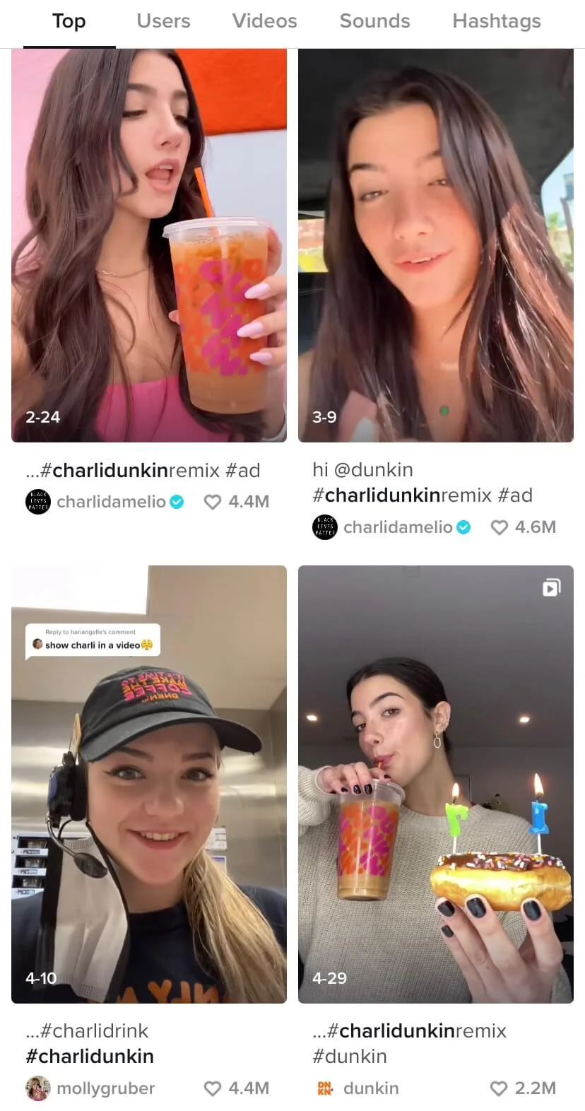 There are several videos of Charli D’Amelio with donuts, milkshakes, and ordering in Dunkin’.