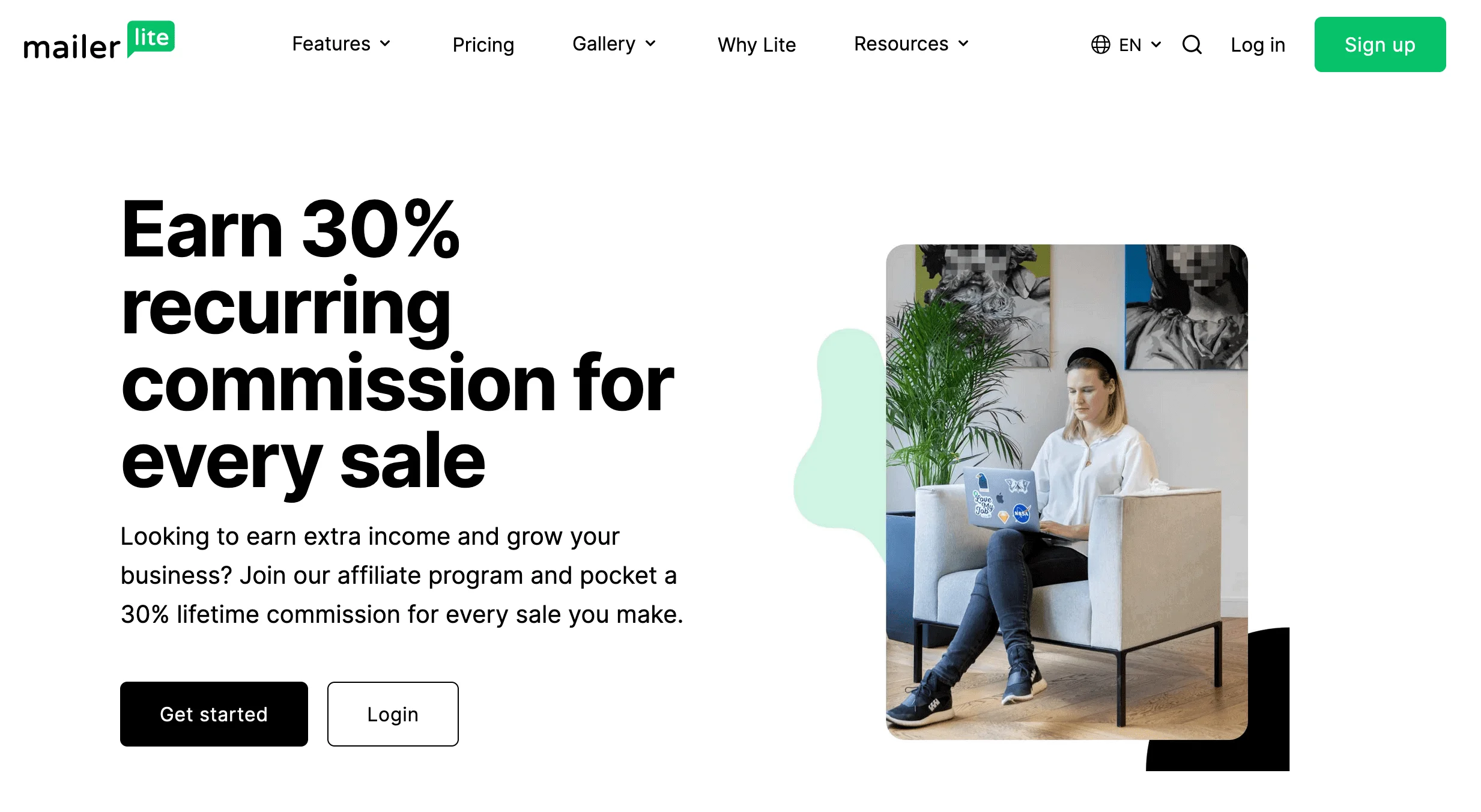 MailerLite affiliate program page promoting 30% lifetime commission for every sale an affiliate makes