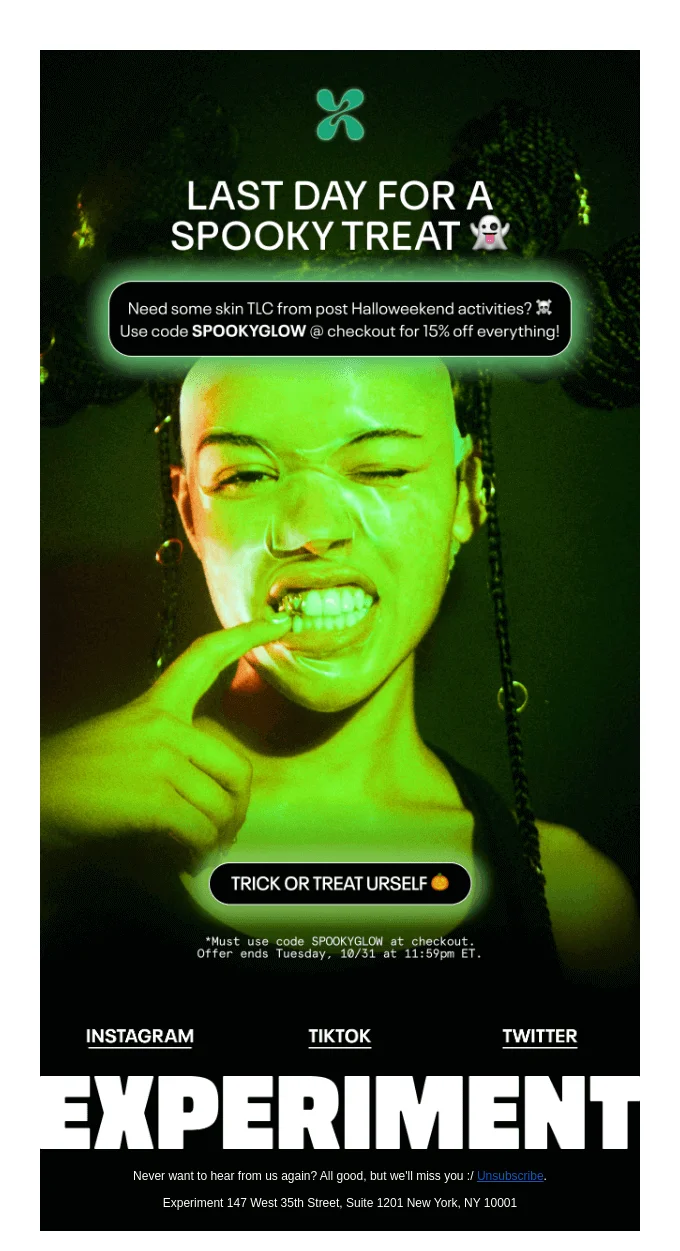 An email promoting a 15% discount to treat subscribers after Halloween