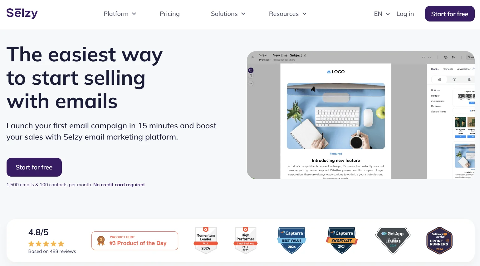 Selzy email marketing platform homepage with the heading “The easiest way to start selling with emails”