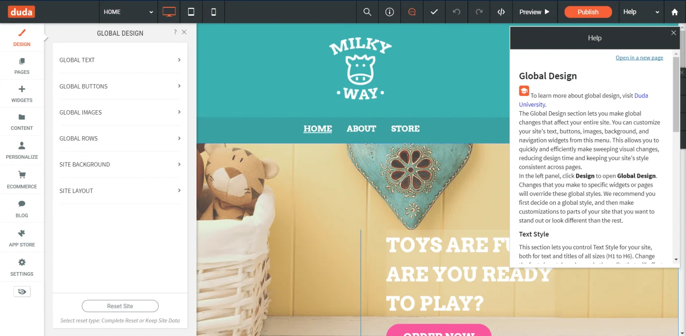Duda landing page editor interface