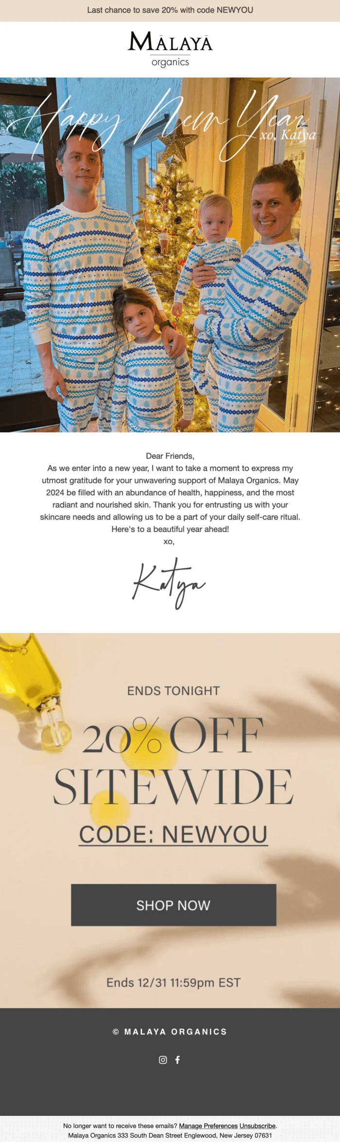 A thank-you email from Malaya Organics with a photo of the company founder and her family with a one-paragraph gratitude message ending with her signature and a sale end reminder