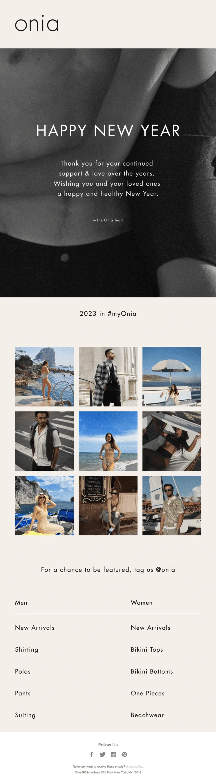 A New Year thank-you email from Onia with a black-and-white banner photo with a short message and a picture wall of customer photos encouraging to tag the brand for a chance to be featured