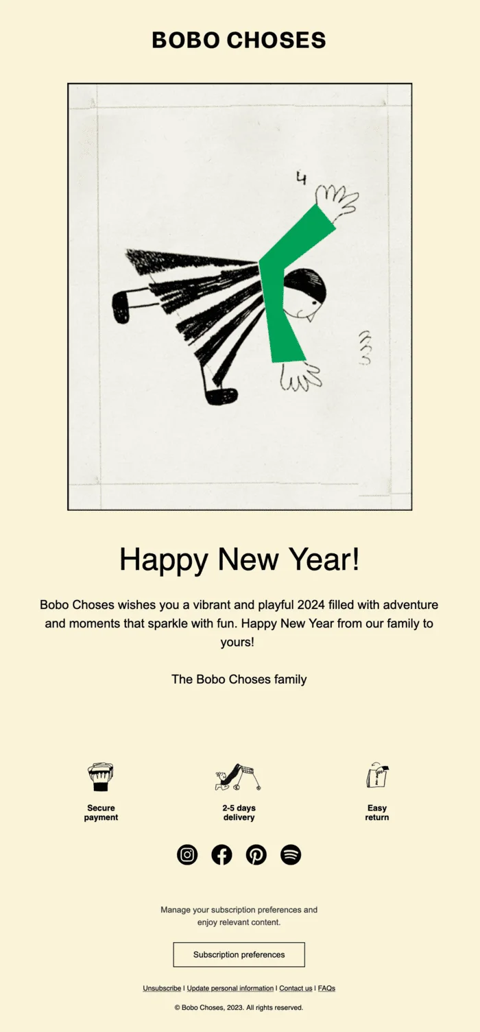 A Bobo Choses email with an illustration of a girl in a long skirt and a wish for readers to have a vibrant and playful year