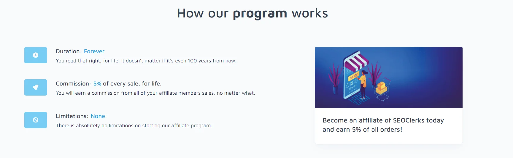 SEOClerks offers a limitless affiliate program for promoting service sellers with a 5% lifetime commission