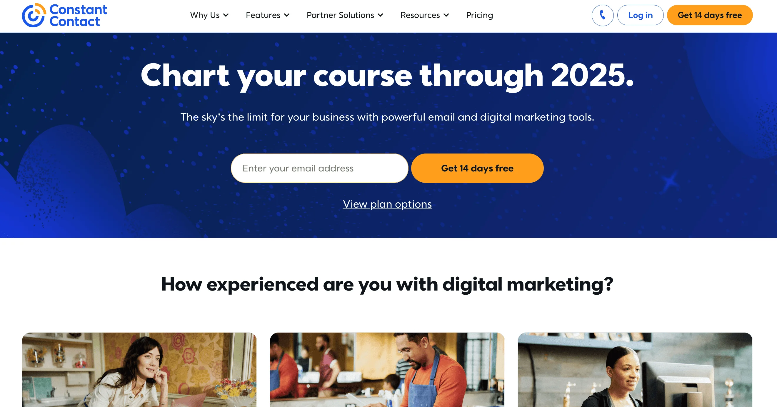Constant Contact email marketing platform homepage with the heading “Chart your course through 2025.”